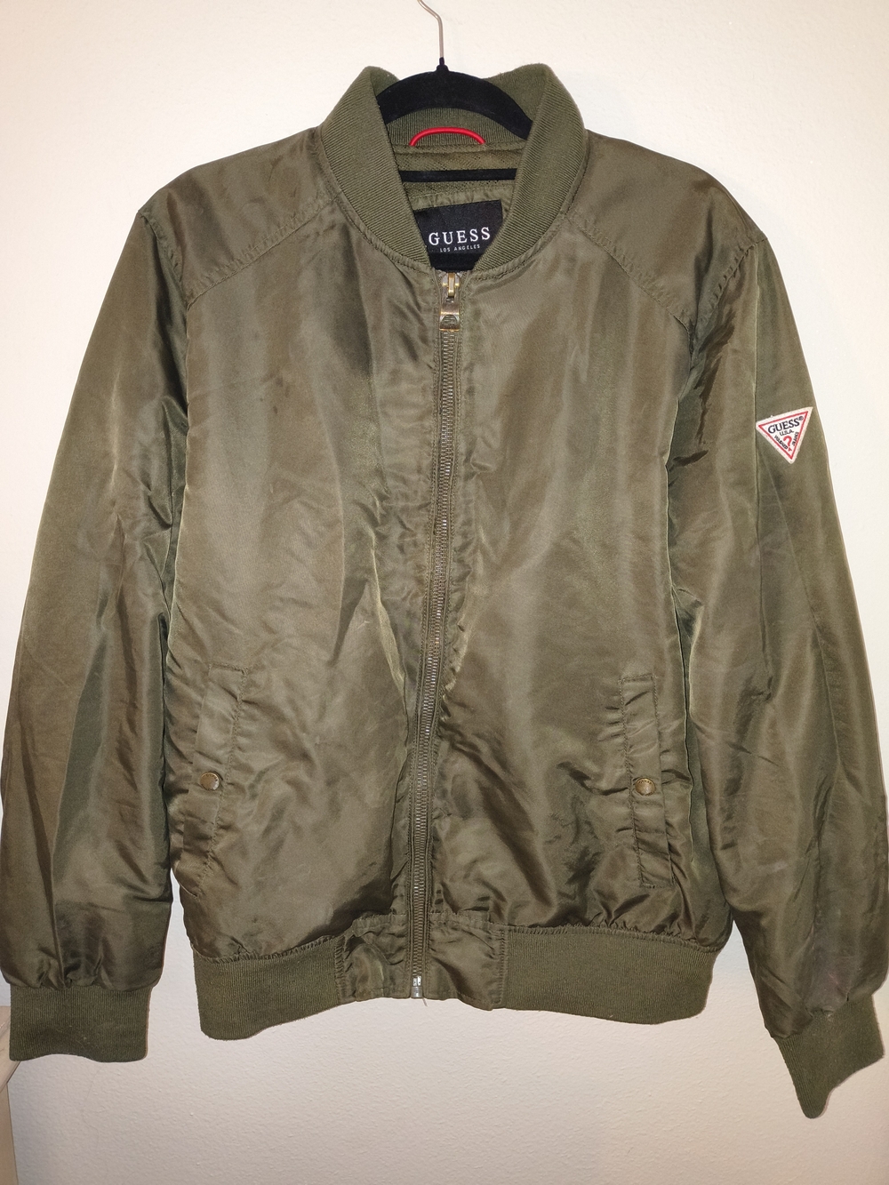 Vintage Y2K GUESS USA Olive Green Bomber Jacket Women's Large Embroidered Logo